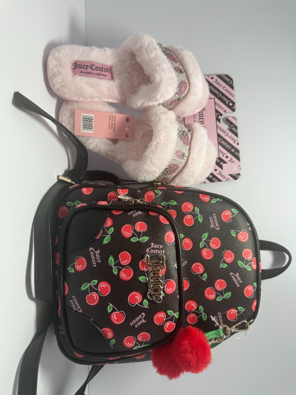 Juicy Couture Pink Cherry Backpack & Juicy Couture GOJI Pink Cherry Slippers set